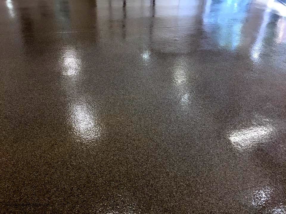 Wide view of a flake-coated garage floor